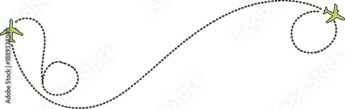 The image depicts two light green airplanes that are visually connected by a dashed grey line, which symbolizes their flight path. This path features a loop on the left side, indicating a maneuver 