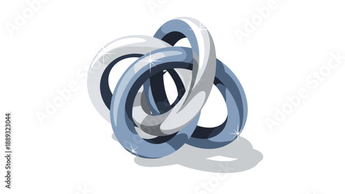 Abstract linked chain rings with shiny metallic finish on white