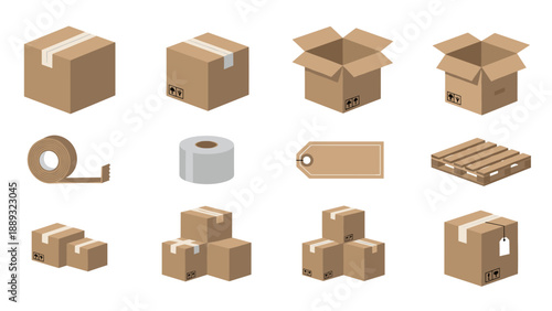 Isometric cardboard box set with packaging elements and shipping