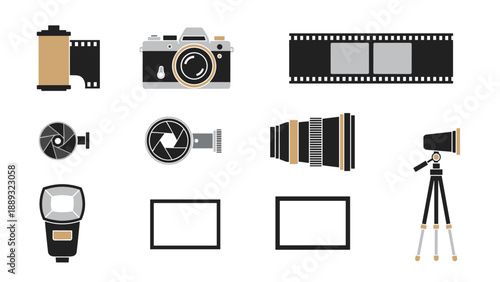 Vintage camera and photography equipment icons in modern flat design