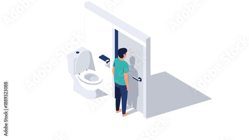 Isometric illustration of man trapped in bathroom stall with door