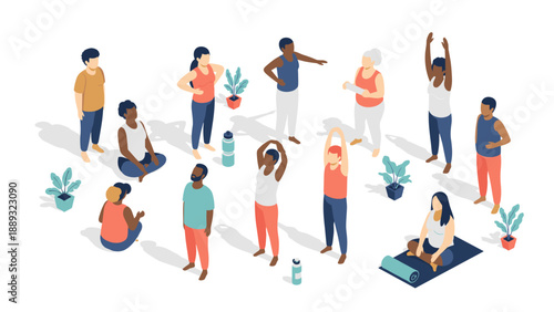 Diverse group practicing yoga with plants and mats in isometric style
