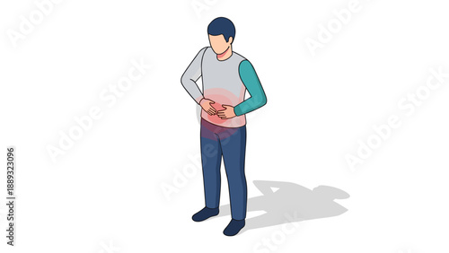 Isometric illustration of man with stomach pain symptoms and