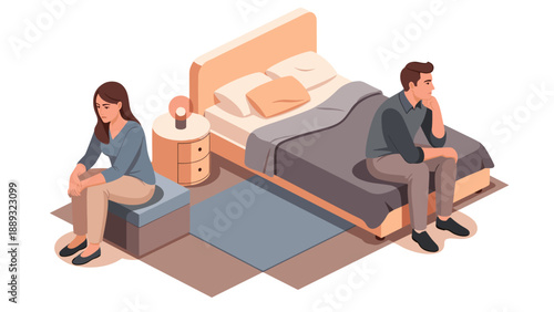 Isometric couple conflict: emotional tension in bedroom setting