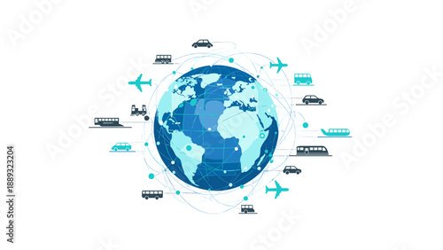 Global transportation network with air, land, and sea routes connected