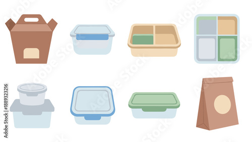Collection of various food containers in flat style
