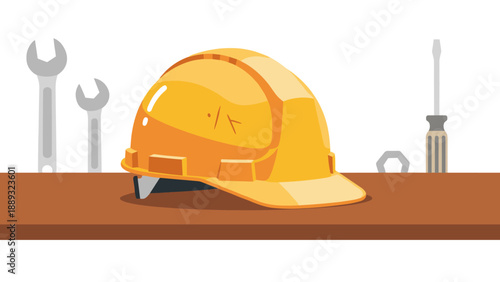 Construction equipment: safety helmet on workbench with tools
