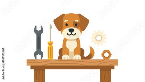 Cute dog mechanic with tools on wooden bench in flat design