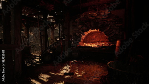 Tableau sur toile Glowing forge interior with molten hearth and scattered tools, warm ember light
