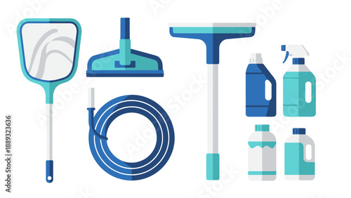 Cleaning supplies set with equipment for pool and household in flat
