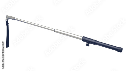 Adjustable silver and black selfie stick with wrist strap