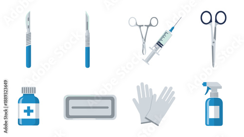 Surgical tools set featuring scalpels syringe scissors and gloves on a