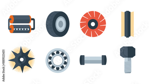 Industrial tool icons set featuring brush, bearing, roller, and bolt