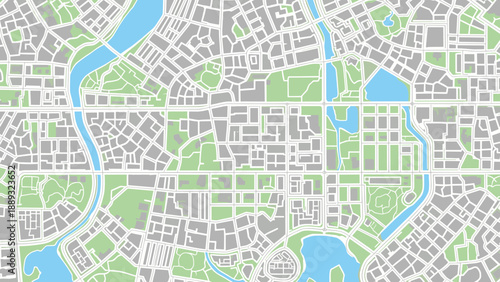 Detailed city map with streets, parks, and water bodies in flat design
