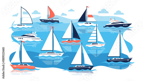 Colorful sailboats and yachts sailing on a breezy ocean day