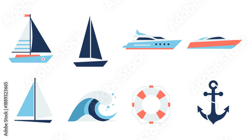 Nautical icons set featuring sailboats, yacht, and marine elements in
