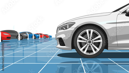 Isometric modern car lineup on grid background with futuristic design