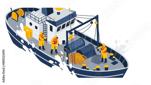 Commercial fishing trawler and crew in modern flat design