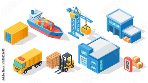 Isometric shipping and logistics elements with cargo ship and
