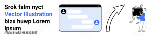Digital communication, online transactions, financial management, fintech solutions, email messaging, technology. A chat window next to an upward arrow and a person with floating coins. Online