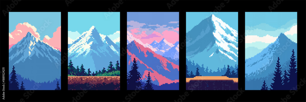 Fototapeta premium Set of pixel art mountain landscape with forest in retro game style. Nature background for video game, app design, or social media story.
