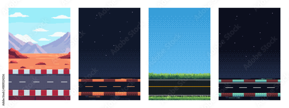 Fototapeta premium Pixel game background set with racing road, desert, grass, night, and day sky. Retro arcade aesthetic for video game landscape.