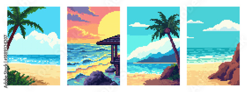 Pixel art tropical beach scene set collage. Retro arcade game aesthetic with palm tree and ocean sunset for digital design.