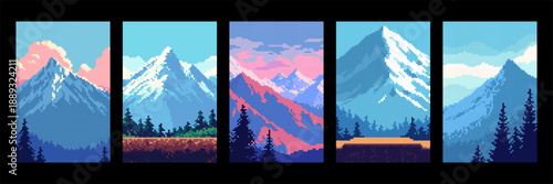 Set of pixel art mountain landscape with forest in retro game style. Nature background for video game, app design, or social media story.