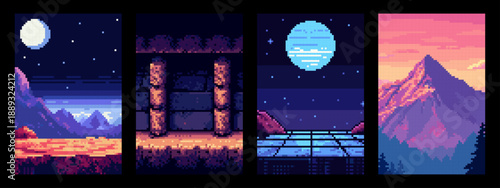 Set of pixel art landscape images for game background. Retro video game graphics with mountains, alien planets, and space scenes.