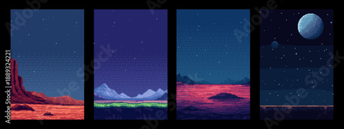 Four different pixel art space landscapes with alien planets and starry night sky backdrop views. Retro game background concept