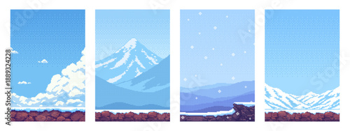 Pixel art winter landscape with mountains and clouds. Game background design asset. Retro old school 8 bit style illustration for mobile application.