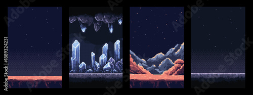 Pixel art game background with starry night and various landscapes. Retro 8 bit style for video game design and digital art concept.