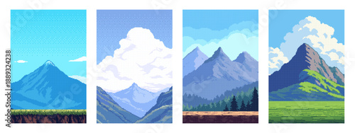 Four pixel art vector scenes depicting mountains, hills, and landscapes. Vintage video game background design. Retro arcade game environment.