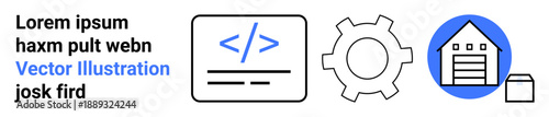 Coding symbol, gear, and warehouse icon representing web development, automation, and logistics. Ideal for technology, software, process management, storage solutions data platform services simple