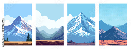 Four pixel art nature landscapes with mountains, clouds, and trees. Digital game background or graphic design element.