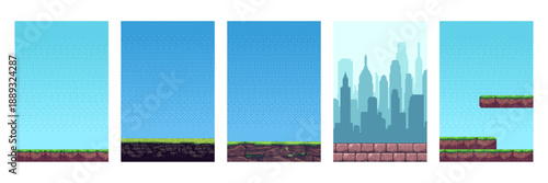 Pixel art vector game background elements set collection. Old school 8 bit videogame graphics. Side scrolling landscape for platformer game.