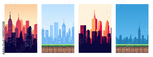 Diverse pixel art cityscapes illustrating day and night scenes. Abstract metropolis skyline for gaming background and retro design projects.