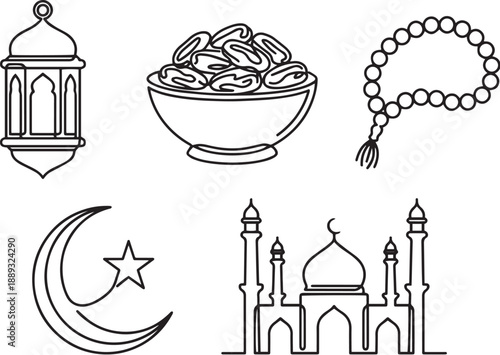 Minimal Islamic Ramadan Vector Icons Set with Mosque, Lantern, Crescent Moon and Dates