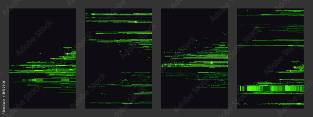 Naklejka premium Green glitch background with random distorted lines and noise. Abstract digital pattern for screen corruption effect. Minimalist tech wallpaper.
