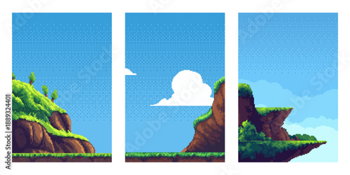 Set of pixel art game background scenes with nature landscapes. Retro 8 bit style digital vector illustration for video game level design.
