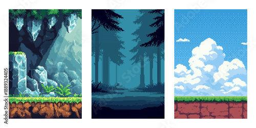 Vertical pixel art vector game backgrounds featuring a cave, forest, and sky with clouds. Retro 8 bit style for video game design and app interface.