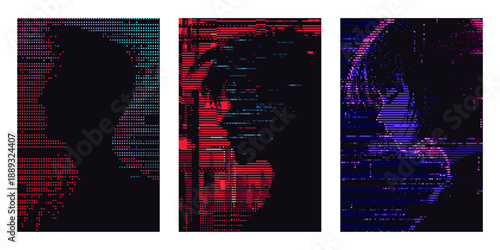 Three silhouettes with glitch background vector. Digital art and cyberpunk concept for wallpaper, banner design, and poster.