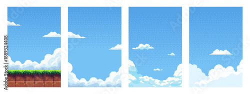 Four pixel art seamless sky and cloud backgrounds with ground for game development. Retro 8 bit style asset for user interface design.