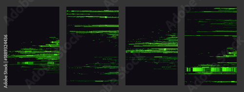 Green glitch background with random distorted lines and noise. Abstract digital pattern for screen corruption effect. Minimalist tech wallpaper.