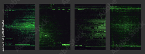 Green digital glitch background vector collection. Abstract distorted screen effect for modern web design or cybersecurity concept.