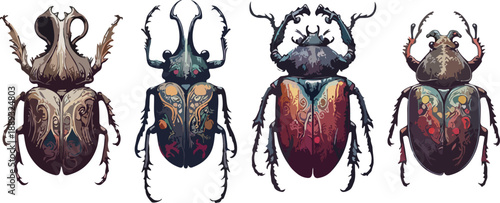 Artistic Beetle Illustration Grid Featuring Hand Drawn Vintage Style Insects with Ornamental Texture Details