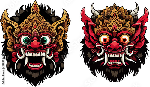 Artistic Set of Six Balinese Barong and Rangda Style Masks for Cultural Branding, Featuring Deep Reds, Golden Tones, and Mythological Character Details