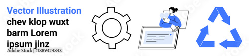 Gear symbol, circular recycling arrows, and a woman with a laptop reflect teamwork, productivity, eco-friendliness, and innovation. Ideal for business, technology, sustainability strategy