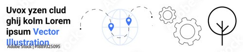 Global connectivity, technology, innovation, environment, system integration, navigation. Abstract globe with map pins, gear icons and a tree. Concepts of global connectivity and technology