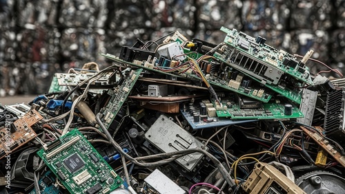 Electronic Waste Mountained: Circuit boards and electronic components form a cluttered collection. It shows a powerful image of e-waste.